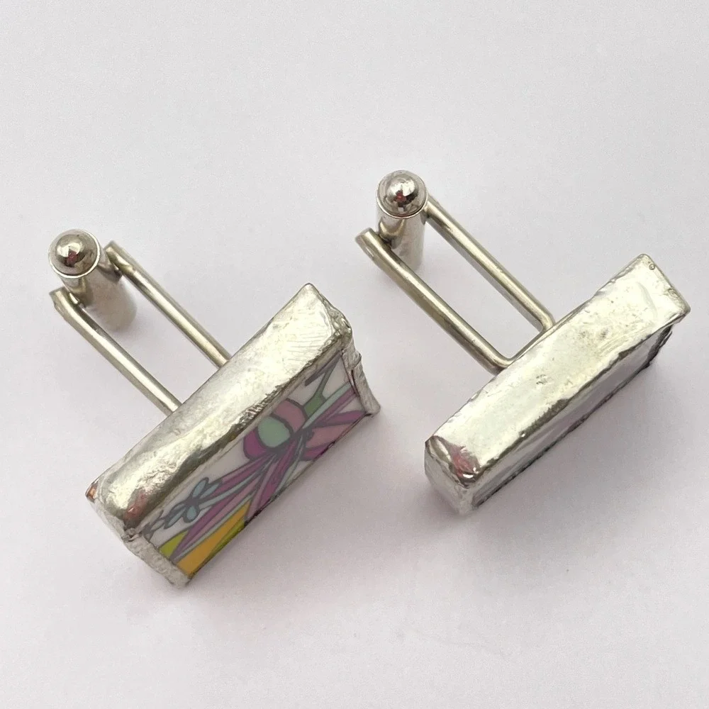 Artisan Made Ceramic Floral Silver Cufflinks Handmade - Picture 7 of 10